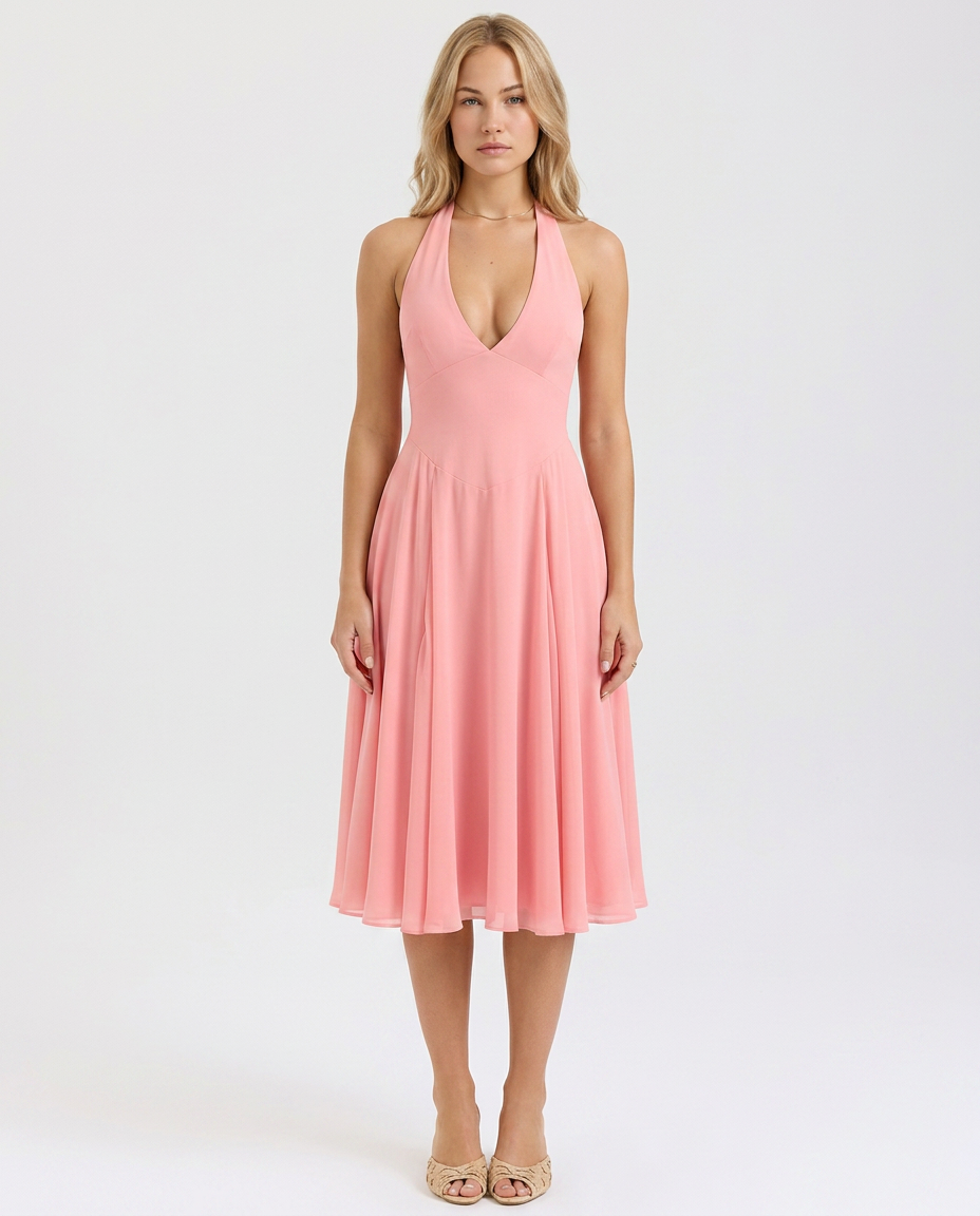 Glenda • Midi Halter con Falda Acampanada