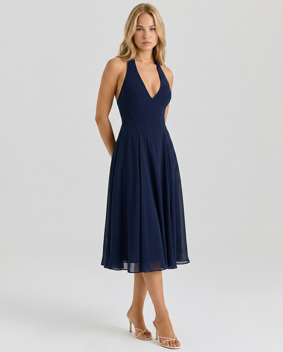 Glenda • Midi Halter con Falda Acampanada